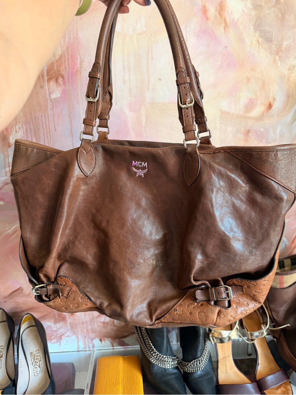 MCM Brown Leather Top-Handle Tote with Embossed Trim